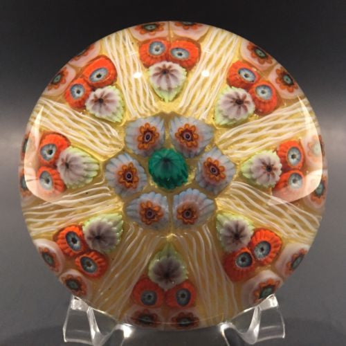Vintage Strathearn Art Glass Paperweight 8 Spoke Millefiori Latticino on Yellow