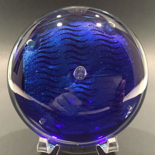 Signed John Cook American Studio Art Glass Paperweight Blue Dichroic Disk