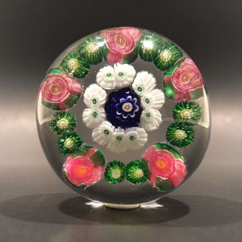 Miniature Clichy Art Glass Paperweight a Concentric Millefiori With Rose Canes