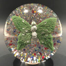 Rare Vintage Charles Degenhart Art Glass Paperweight Encased Green Butterfly