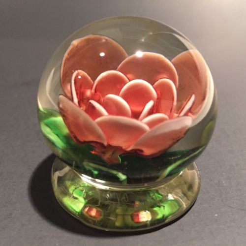 Signed Pete Lewis Vintage Art Glass Paperweight Footed Millville Crimp Rose