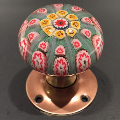 Vintage Strathearn Art Glass Paperweight Doorknob Twists & Millefiori On Green