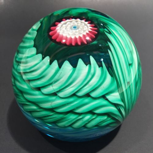 Vintage Fratelli Toso Murano Art Glass Paperweight Blue & Green Crown