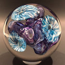 Signed Jon Sawyer Art Glass Paperweight Mottled Blue Trumpet Flowers on Purple