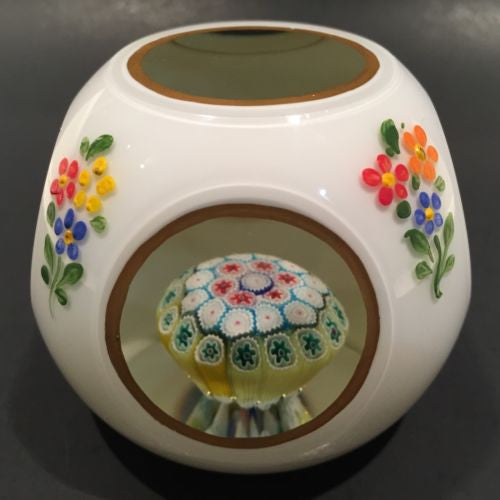 Vintage Murano Art Glass Paperweight Millefiori Overlay Enamel Painted Flowers