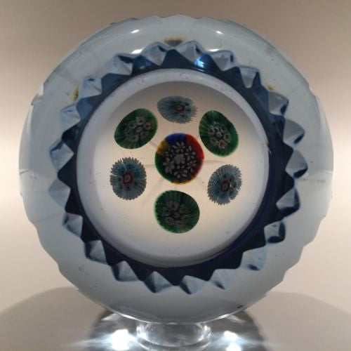 Vintage Murano Art Glass Paperweight Millefiori Blue Flash Fancy Cut Faceting