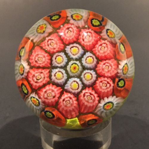 Miniature Strathearn Art Glass Paperweight Concentric Millefiori on Green