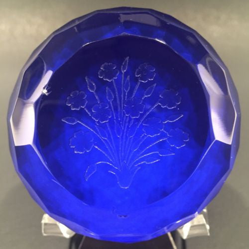 Vintage Saint Louis Art Glass Paperweight Etched Flowers & Multifaceted Dome