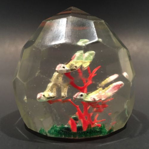 Early 1930's Chinese Faceted Art Glass Paperweight Painted Sulphide Caged Birds