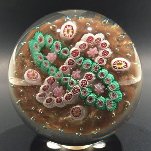 Vintage Murano Art Glass Paperweight Complex Millefiori Garland on Aventurine