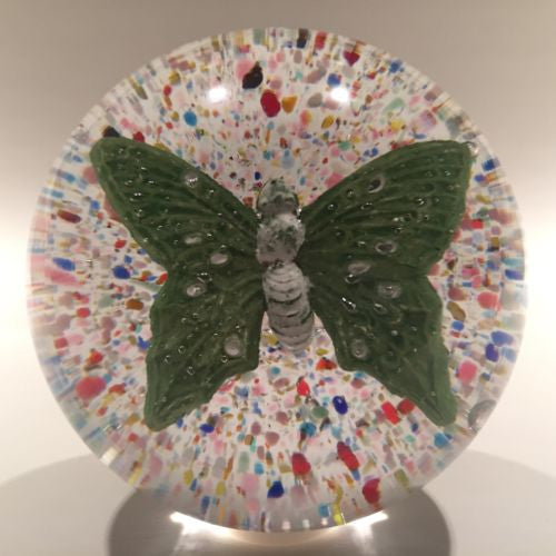 Rare Vintage Charles Degenhart Art Glass Paperweight Encased Green Butterfly