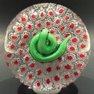 Vintage Chinese Art Glass Paperweight Green Snake Closepacked Millefiori Ground