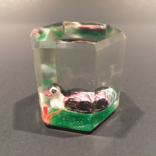 Early Chinese Faceted Art Glass Paperweight Sulphide Painted Duck