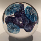 Signed Jon Sawyer Art Glass Paperweight Mottled Blue Trumpet Flowers on Purple