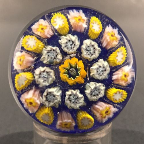Miniature Strathearn Art Glass Paperweight Concentric Millefiori On Blue Ground