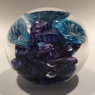 Signed Jon Sawyer Art Glass Paperweight Mottled Blue Trumpet Flowers on Purple