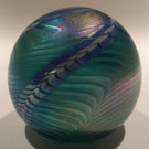 Signed Ornamental Blown Glass OBG Art Glass Paperweight Blue Iridescent Spiral