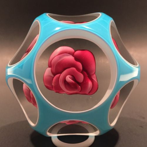 Rare Murano Art Glass Paperweight Crimp Rose w/ Blue Overlay 1885 Date Cane