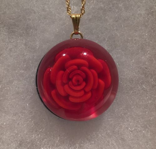 Rare Ronald Ray Art Glass Paperweight Crimp Rose Pendant W/ 14K Gold Chain