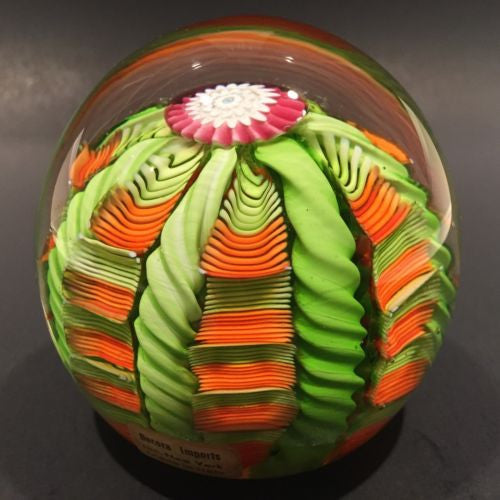 Vintage Murano Art Glass Paperweight Green & Orange Twist Millefiori Crown