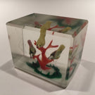 Early 1930s Chinese Art Glass Paperweight Sulphide Birds In A Tree Faceted Block