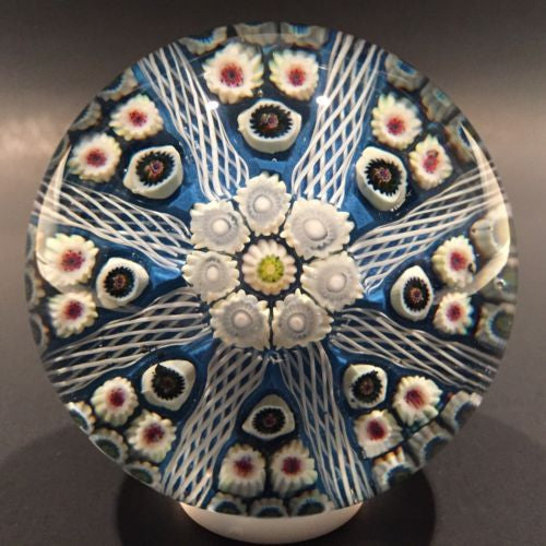 Vintage Strathearn Art Glass Paperweight 8 Spoke Latticino & Millefiori on Blue