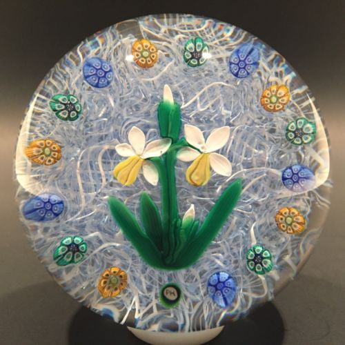 Signed Peter Holmes Selkirk Art Glass Paperweight Daffodils & millefiori