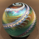 Signed Ornamental Blown Glass OBG Art Glass Paperweight Blue Iridescent Spiral