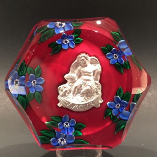 Vintage Saint Louis Art Glass Paperweight Amour Sulphide Lampworked Flowers