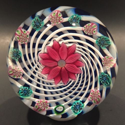 Signed Peter Holmes Selkirk Art Glass Paperweight millefiori floral White Spiral