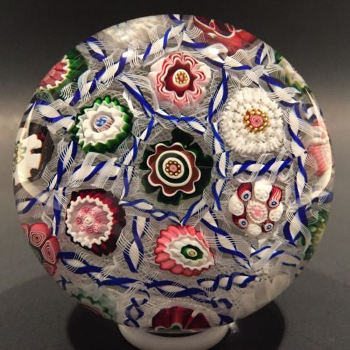 Rare Antique Clichy Art Glass Paperweight Blue Barber Pole Chequer Millefiori