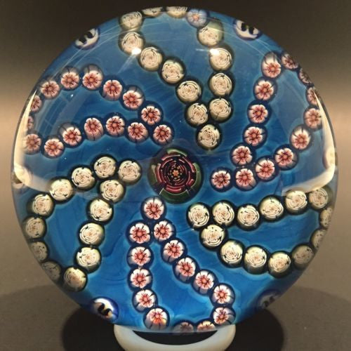 Early Parabelle Art Glass Paperweight Rose Cane Millefiori Garland Blue Ground