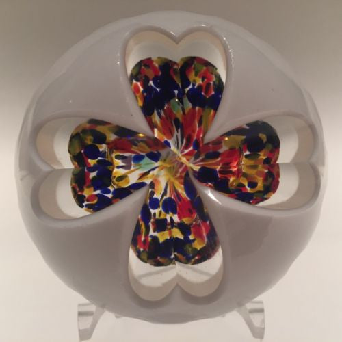 Unusual Bohemian Art Glass Paperweight Fancy Cut White Overlay Multicolor Bubble