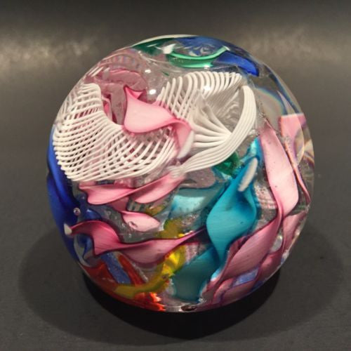 Colorful Murano Art Glass Paperweight Latticino & Ribbon Scramble