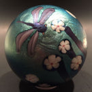 Vintage Orient & Flume Art Glass Paperweight Blue Iridescent Dragonfly