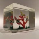 Early 1930s Chinese Art Glass Paperweight Sulphide Birds In A Tree Faceted Block