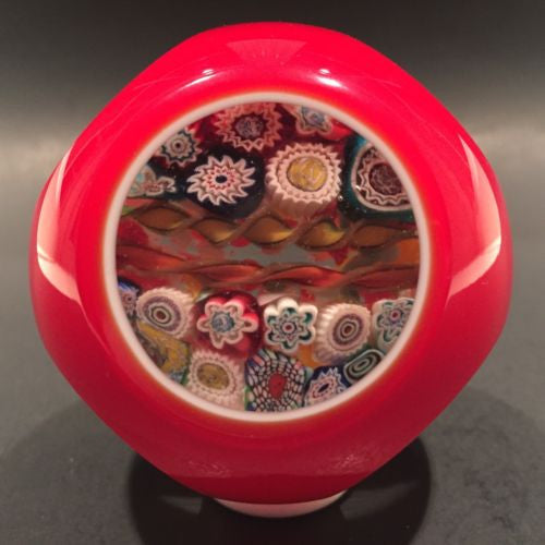 Vintage Murano Art Glass Paperweight Complex Millefiori  Red & White Overlay