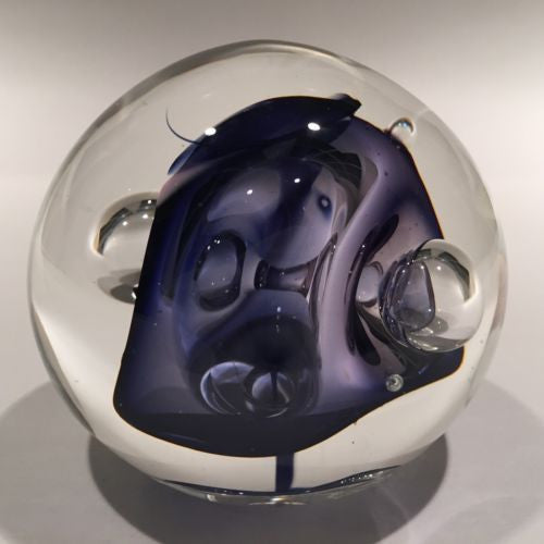 Signed Rollin Karg Art Glass Paperweight Modern Metallic Purple Control Bubbles
