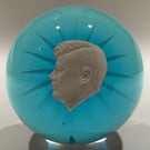 Vintage Art Glass Paperweight JFK Kennedy Sulphide On Blue Star Cut Base