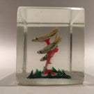 Early 1930s Chinese Art Glass Paperweight Sulphide Birds In A Tree Faceted Block