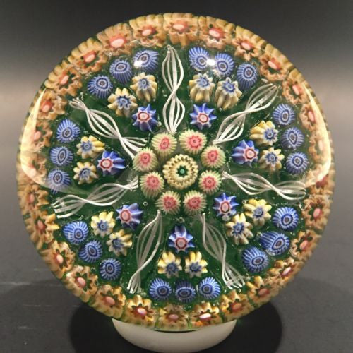 Vintage Perthshire Art Glass Paperweight 7 Spoke Twists & Millefiori on Green