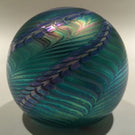 Signed Ornamental Blown Glass OBG Art Glass Paperweight Blue Iridescent Spiral