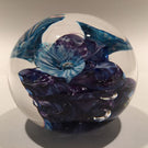 Signed Jon Sawyer Art Glass Paperweight Mottled Blue Trumpet Flowers on Purple