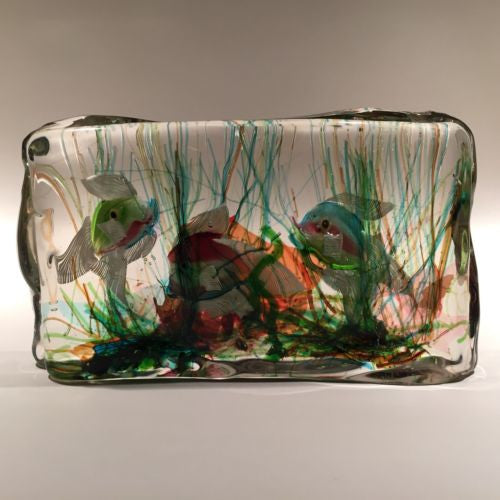 Huge Vintage Murano Cenedese Art Glass Paperweight Fish Aquarium Block Sculpture