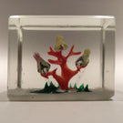 Early 1930s Chinese Art Glass Paperweight Sulphide Birds In A Tree Faceted Block