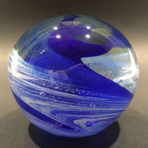 Signed Modern American Studio Art Glass Paperweight Blue & White Swirl