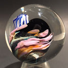 Unsigned Josh Simpson Art Glass Marble Inhabited Planet & Wood Stand