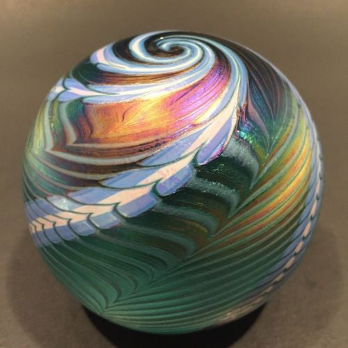 Signed Ornamental Blown Glass OBG Art Glass Paperweight Blue Iridescent Spiral