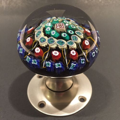 Vintage Strathearn Art Glass Paperweight Doorknob Twists & Millefiori On Black