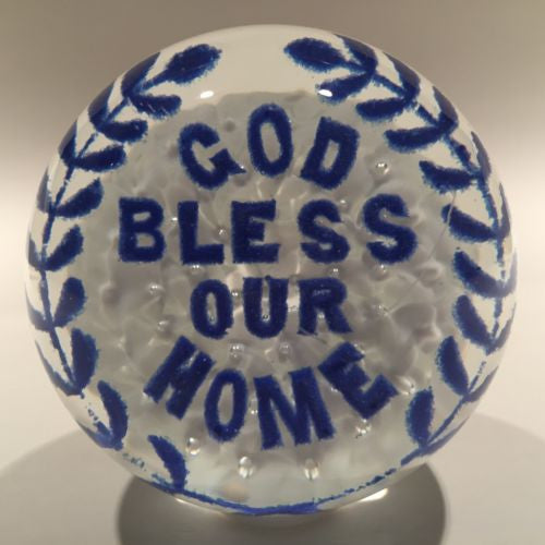 Vintage American Art Glass Blue and White Frit Paperweight "God Bless Our Home"